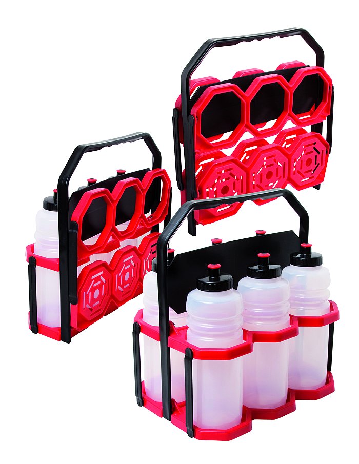 Contenedor de 6 botellas de agua. Asas grises cuerpo negro